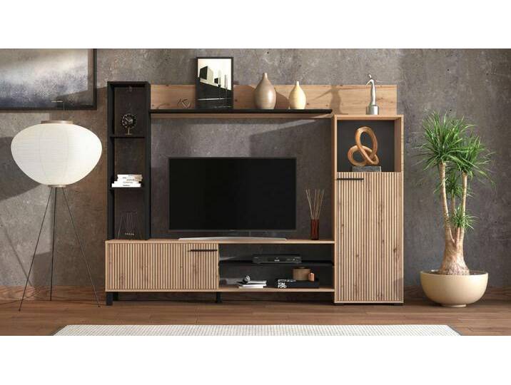 INOSIGN Wohnwand Retimno, inkl. Highboard, TV-Board, Standregal und Wandregal, (Komplett-Set, 4-St), 208 cm, Trendfarben, mit dekorativen schwarzen Streifen von Inosign