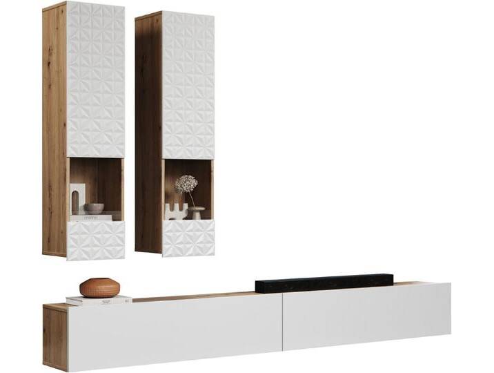 INOSIGN Wohnwand Rezzo, 2 Hängevitrinen mit Relief-Front, 2 Lowboards je Br. 120 cm, (Komplett-Set, 4-St), Wohnwand mit 2 Türen von Inosign