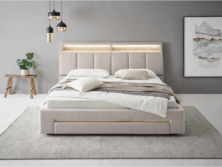 Polsterbett INOSIGN CiTY/GiRON,, gepolstertes Stauraumbett, mit LED Beleuchtung , beige (hellbeige), B:210cm H:110cm L:235cm, Betten, Bettkasten mit Hundebett oder als Stauraum, klappbare Kopfteile von Inosign