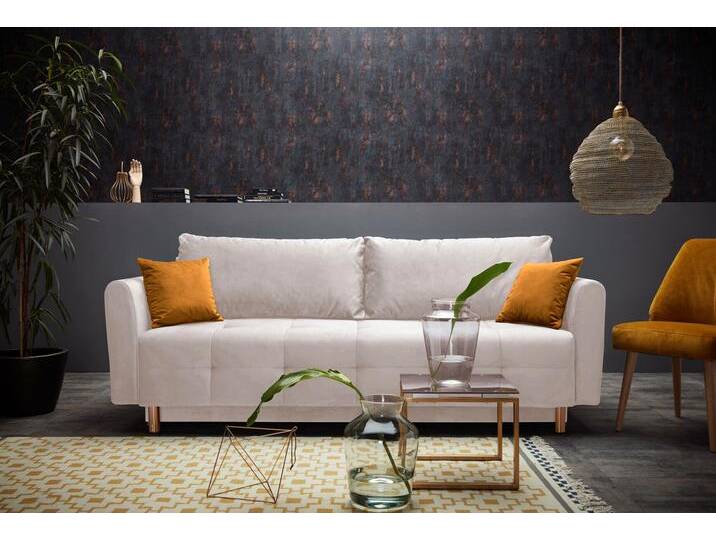 Schlafsofa INOSIGN Nordic , beige, B:219cm H:93cm T:88cm, Microfaser PRIMABELLE (100% Polyester), Samtoptik (100% Polyester), Zierkissen: 100%Polyester, Sofas, mit Federkern und Metallbeinen, Steppung im Sitzbereich von Inosign