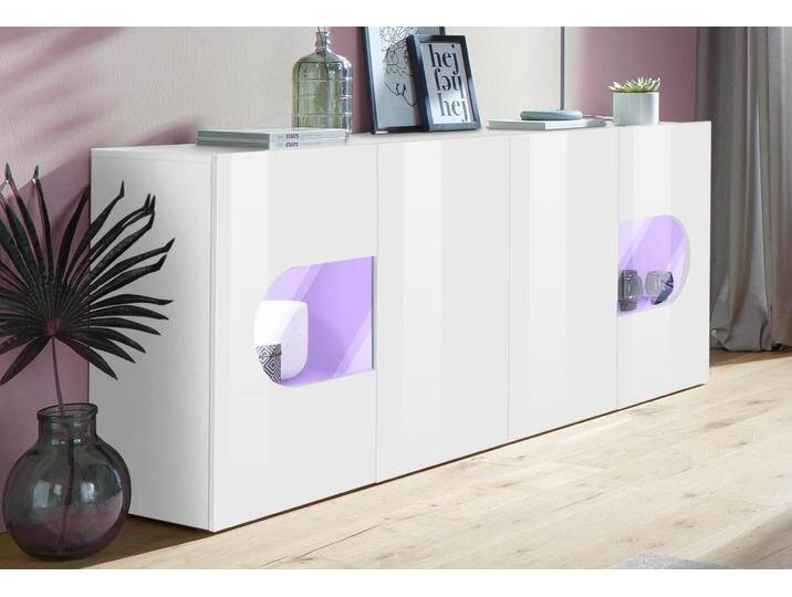 Sideboard INOSIGN Real,Vitrine,Kommode,Schrank, komplett hochglanz lackiert , weiß (weiß hochglanz), B:200cm H:81cm T:40cm, FSC-zertifizierter Holzwerkstoff, Glas, Sideboards, mit 4 Türen davon 2 Glastüren, ohne Griff, Breite 200 von Inosign