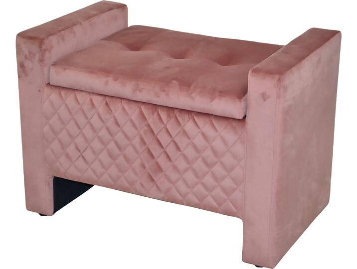 Sitztruhe INOSIGN, rosa (altrosa), B:75cm H:52cm T:45cm, Die rundum gepolsterte Sitztruhe überzeugt mit einem trendigen Retro-Look. Sitzfläche, Armlehnen sowie die Wangen sind mit einer weichen Polsterung bezogen, die im vorderen Bereich eine rautenförmige Steppung zeigt. Unter dem Sitzplatz der Truhe befindet sich ein großzügig bemessener Stauraum, in dem du Wohntextilien, Kleidung oder Spielzeug unterbringen kannst. Der Deckel lässt sich durch eine Gasdruckfeder leicht öffnen und schließen. Als Bezug dient ein feiner Samtstoff, der in mehreren Farben erhältlich ist. Mit der rundum gepolsterten Sitztruhe erhält deine Wohnung eine stilvolle und praktische Bereicherung., Sitzbänke von Inosign
