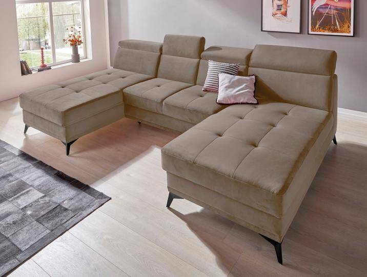 Wohnlandschaft INOSIGN Cardiz U-Form , beige (sand), B:296cm H:83cm T:173cm, Webstoff (100% Polyester), Luxus-Microfaser Paris (90% Polyester/10% Polyamid), Struktur fein (100% Polyester), Samtoptik (100% Polyester), Sofas, inkl.Kopfteilverstellung und Federkern wahlweise mit Bettfunktion von Inosign