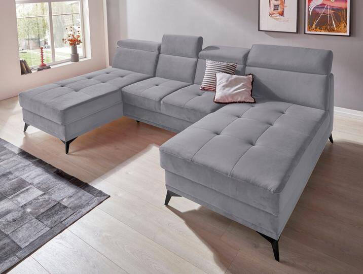Wohnlandschaft INOSIGN Cardiz U-Form , grau (hellgrau), B:296cm H:83cm T:173cm, Webstoff (100% Polyester), Luxus-Microfaser Paris (90% Polyester/10% Polyamid), Struktur fein (100% Polyester), Samtoptik (100% Polyester), Sofas, inkl.Kopfteilverstellung und Federkern wahlweise mit Bettfunktion von Inosign