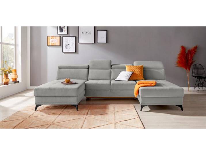 Wohnlandschaft INOSIGN Cardiz U-Form , grau (hellgrau), B:296cm H:83cm T:173cm, Webstoff (100% Polyester), Luxus-Microfaser Paris (90% Polyester/10% Polyamid), Struktur fein (100% Polyester), Samtoptik (100% Polyester), Sofas, inkl.Kopfteilverstellung und Federkern wahlweise mit Bettfunktion von Inosign