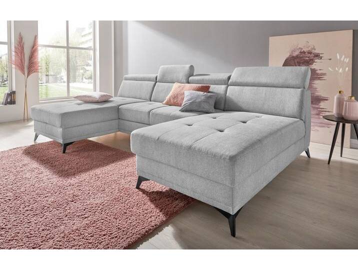 Wohnlandschaft INOSIGN Cardiz U-Form , grau (hellgrau), B:296cm H:83cm T:173cm, Webstoff (100% Polyester);Luxus-Microfaser Paris (90% Polyester/10% Polyamid);Struktur fein (100% Polyester);Samtoptik (100% Polyester), Sofas, inkl.Kopfteilverstellung und Federkern wahlweise mit Bettfunktion von Inosign
