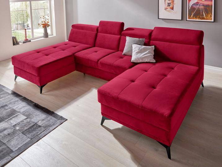 Wohnlandschaft INOSIGN Cardiz U-Form , rot, B:296cm H:83cm T:173cm, Webstoff (100% Polyester), Luxus-Microfaser Paris (90% Polyester/10% Polyamid), Struktur fein (100% Polyester), Samtoptik (100% Polyester), Sofas, inkl.Kopfteilverstellung und Federkern wahlweise mit Bettfunktion von Inosign