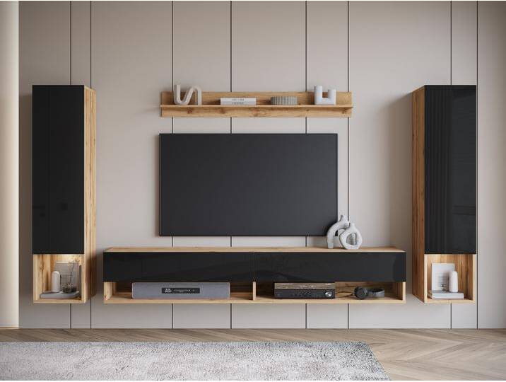 Wohnwand INOSIGN AMADEO II , braun (eichefarben votan, schwarz hochglanz), B:260cm H:130cm T:32,5cm, Kastenmöbel-Sets, Vitrine Türanschlag links/rechts wechselbar, Hängeversion von Inosign