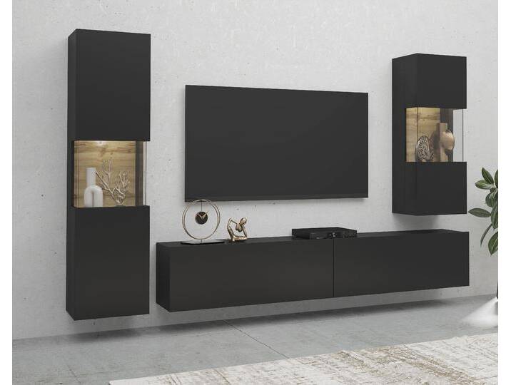 Wohnwand INOSIGN Ava, Wohnzimmer-Set hängend/stehend montierbar, Vitrine, Lowboard , braun (schwarz matt, eichefarben votan), Kastenmöbel-Sets, 3-tlg. von Inosign