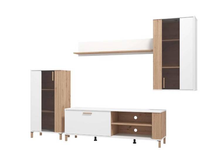 Wohnwand INOSIGN Bastia Wohnwand, Mediawand, Anbauwand, mit MDF-Profilen, Breite 281 cm , weiß (opaque weiß, artisan eiche), B:280,5cm H:170cm T:40cm, Hartfaserplatte, Kunststoff, MDF, Metall, Spanplatte, Kastenmöbel-Sets, Set besteht aus 1 Vitrine, 1 TV-Board, 1 Hängevitrine und 1 Wandregal von Inosign