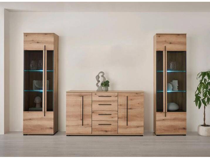 Wohnwand INOSIGN Cantara, moderne Anbauwand, Wohnzimmer-Set, in Eiche Evoke oder Weiß , eiche evoke, B:290cm H:270cm T:42cm, Holzwerkstoff, Kastenmöbel-Sets, enthält zwei Vitrinen und ein Sideboard von Inosign