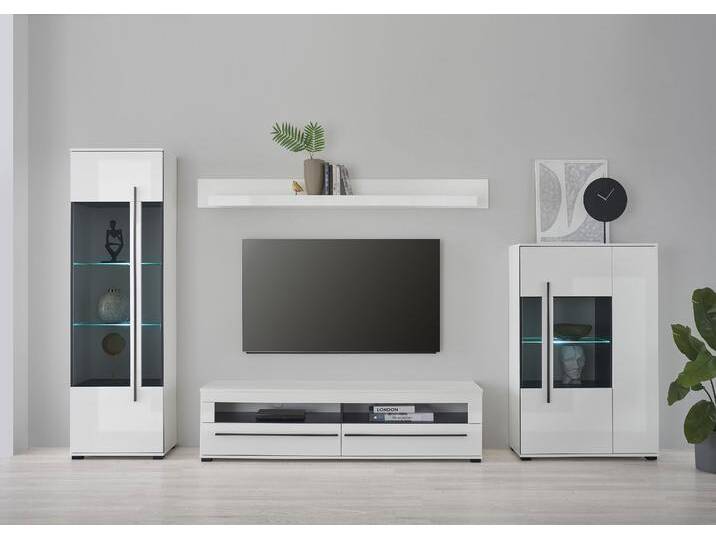 Wohnwand INOSIGN Cantara, moderne Anbauwand, Wohnzimmer-Set, in Eiche Evoke oder Weiß , weiß (weiß, weiß hochglanz), B/H/T: 350cm x 200cm x 42cm, Kastenmöbel-Sets, enthält zwei Vitrinen, ein Lowboard und ein Wandboard von Inosign