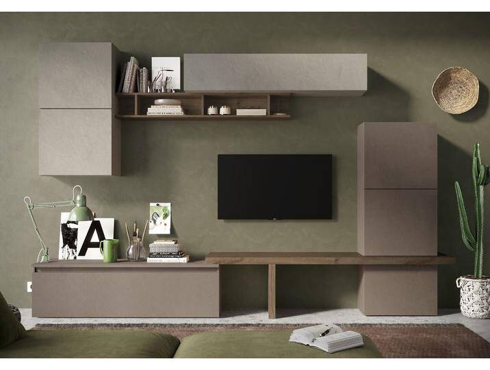 Wohnwand INOSIGN INFINITY, 9tlg. Breite 290 cm, Höhe variabel, Schrankwand (Lowboard , braun (lehmfarben (argilla), bronzo, mercure nb holzstruktur), B:290cm H:195cm T:40cm, Holzwerkstoff, Kastenmöbel-Sets, T-Boden, 4x Hängewürfel, Würfel-Element, Wandregal, Hängeschrank) von Inosign