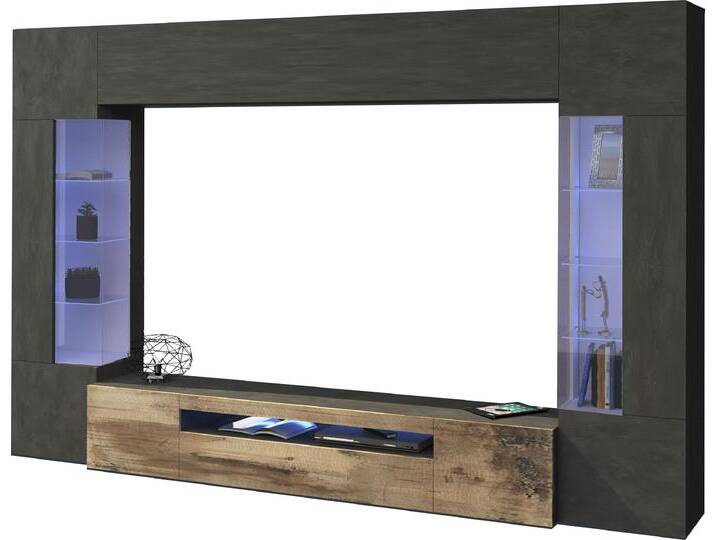 Wohnwand INOSIGN New Egypt , grau (zement ahorn pereira), B:290cm H:191,2cm T:40cm, Spanplatte, Kastenmöbel-Sets, bestehend aus 2 Stauraumvitrinen, 1 Lowboard, 1 Hängeschrank von Inosign