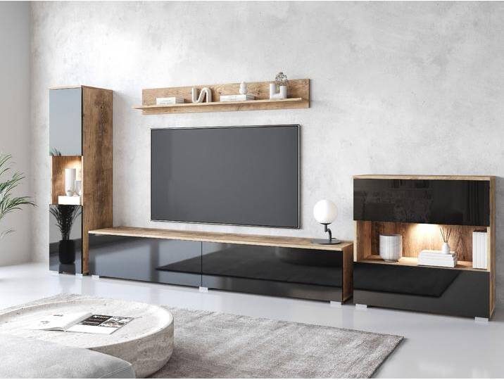 Wohnwand INOSIGN PARIS, Vitrine Türanschlag links/rechts wechselbar , kastanien breslau, schwarz hochglanz, B:300cm H:130cm T:33cm, Hartfaserplatte, Kastenmöbel-Sets, grifflose Design, stehend und hängend montierbar Wohnwand INOSIGN PARIS, Vitrine Türanschlag links/rechts wechselbar , kastanien breslau, schwarz hochglanz, B:300cm H:130cm T:33cm, Hartfaserplatte, Kastenmöbel-Sets, grifflose Design, stehend und hängend montierbar von Inosign