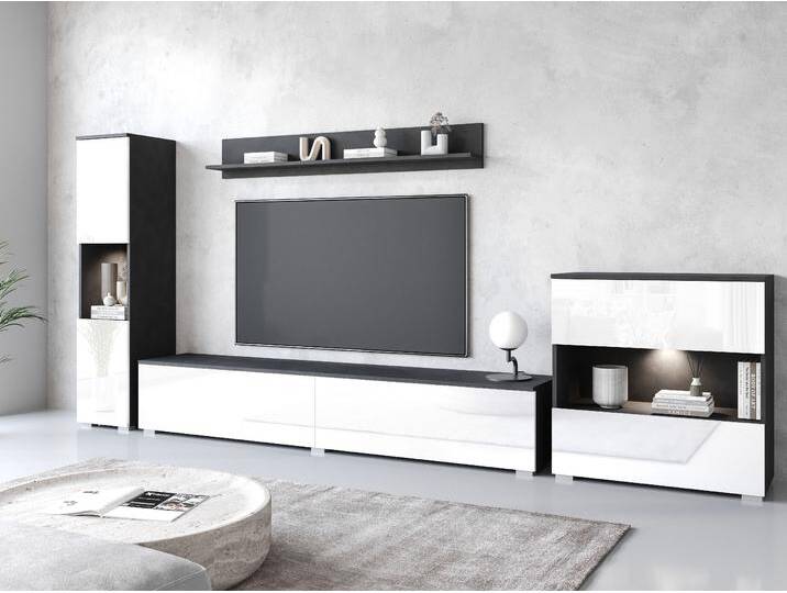 Wohnwand INOSIGN PARIS, Vitrine Türanschlag links/rechts wechselbar , schwarz-weiß (matera anthrazit, weiß hochglanz), B:300cm H:130cm T:33cm, Hartfaserplatte, Kastenmöbel-Sets, grifflose Design, stehend und hängend montierbar von Inosign