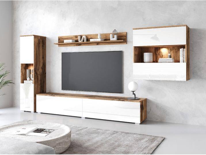 Wohnwand INOSIGN PARIS, Vitrine Türanschlag links/rechts wechselbar , weiß (eichefarben wotan, weiß hochglanz), B:300cm H:130cm T:33cm, Hartfaserplatte, Kastenmöbel-Sets, grifflose Design, stehend und hängend montierbar von Inosign