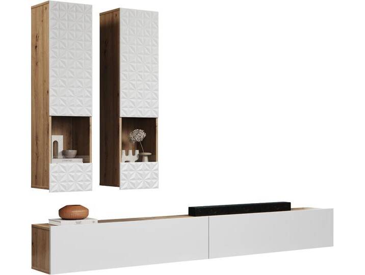 Wohnwand INOSIGN Rezzo, 2 Hängevitrinen mit Relief-Front, 2 Lowboards je Br. 120 cm , weiß (eiche und weiß matt), B:241cm H:200cm T:30cm, Holzwerkstoff, Kunststoff, Kastenmöbel-Sets, Wohnwand mit 2 Türen, 2 Klappen & Soft-Close - (B/T/H) 241/30/200 cm von Inosign