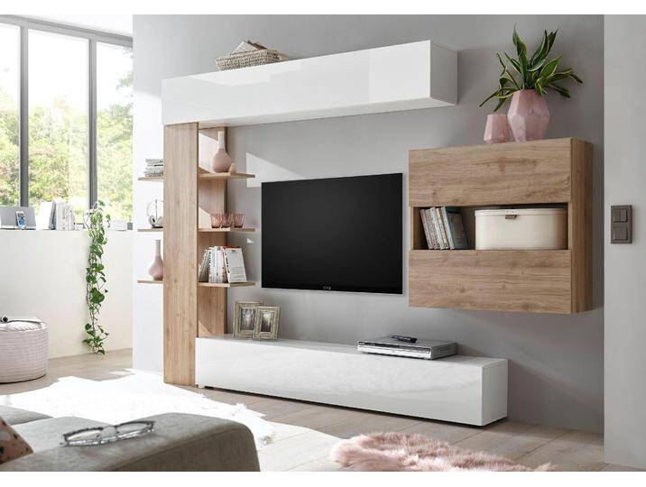 Wohnwand INOSIGN Sorano , weiß (weiß matt, weiß hochglanz lack, eichefarben cadiz), Kastenmöbel-Sets, mit Hängeschrank von Inosign