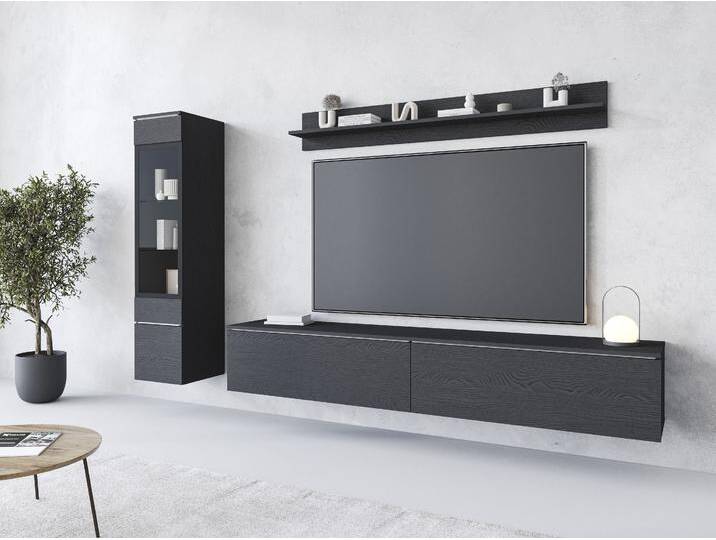 Wohnwand INOSIGN VERA I, Vitrinen Türanschlag links/rechts wechselbar , schwarz (graphite schwarz wp), B:230cm H:130cm T:33cm, Kastenmöbel-Sets, Vitrine mit Verglasung, stehend und hängend, Türanschlag wechselbar von Inosign