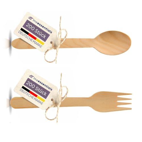 Inoverse Holzbesteck Set 400 stück - 200 Holzgabeln, 200 Holzlöffel - Nachhaltiges Einwegbesteck, Biologisch Abbaubar Besteck aus Holz, Einmalbesteck Set, Stabil Einwegeschirr von Inoverse