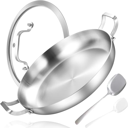 Inqibee 30,5 cm dreilagige Edelstahl-Paella-Pfanne mit Deckel, große Bratpfanne, Bratpfanne, Induktionspfanne, spülmaschinen- und ofenfest., 3ply-12 Inqibee 30,5 cm dreilagige Edelstahl-Paella-Pfanne mit Deckel, große Bratpfanne, Bratpfanne, Induktionspfanne, spülmaschinen- und ofenfest., 3ply-12 von Inqibee