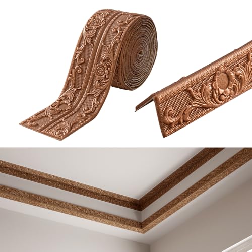 Inscrip Bordüre Selbstklebend, 5m*10cm*8mm, 3D Stuckleisten Wand, Zierleisten Selbstklebend, Wasserdicht Wandbordüre,Leisten Selbstklebende,Roll Border Trims für Ecken Linien Decken Dekoration (Braun) von Inscrip