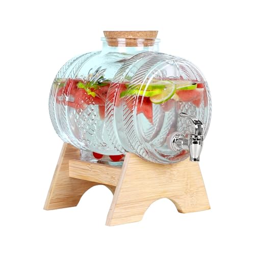 Inscrip Getränkespender aus Glas, Glas-Getränkespender mit auslaufsicherem Zapfhahn, Getränkespender Fass mit Holzständer, Kaltgetränkekesselbehälter für Kühlschrank, Eistee, Limonade,Bar, Party (3L) von Inscrip