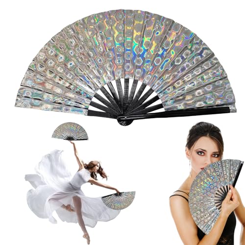 Inscrip Holografischer Rave Handfächer, Faltbarer Tanzfächer, Großer Faltfächer, Chinesische Handheld Faltventilatoren Iridescent Fan für Festivals Hochzeite Bevorzugung Aufführung Tanz Kung Fu (C33) von Inscrip