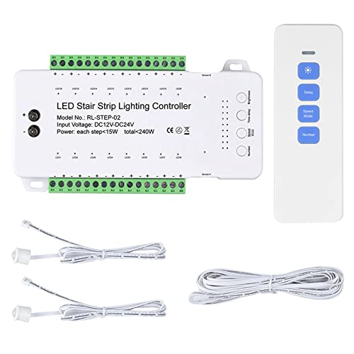 Inscrip LED Treppenbeleuchtung Set Controller, 16CH / 28 CH/Dynamische LED Streifen Licht Treppenbeleuchtung Controller, PIR Bewegungssensor Kit (16CH RL-STEP-02 + Fernbedienung) von Inscrip