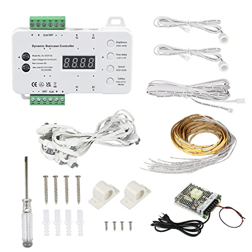 Inscrip LED-Treppenstufenbeleuchtung, 12V/24V 2700K/4000K 16 Schritte RL-STEP-05 Dynamisch LED Treppenbeleuchtungssteuerung Komplettset mit 100W Netzteil und COB Lichtleiste, Hauptstrecke (4000K) von Inscrip