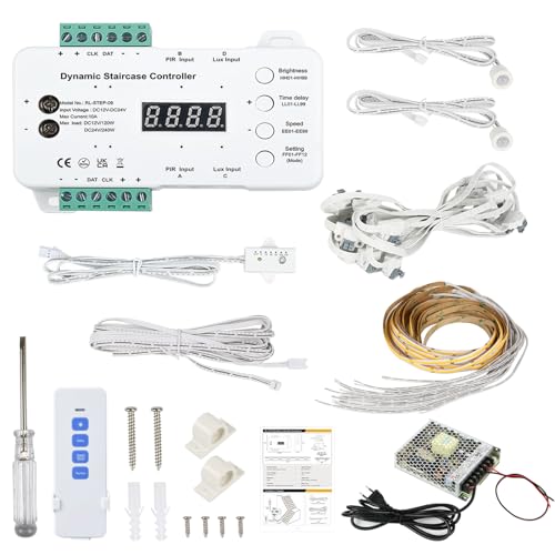 Inscrip LED Treppenstufenbeleuchtung, DC 12V-24V 16 Schritte RL-STEP-09 Upgrade LED Bewegungsmelder Nacht PIR Fernbedienung Treppenlicht Set mit Netzteil und Lichtleiste und Fernbedienung (2700K) von Inscrip