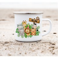 Emailletasse Emaillebecher Mit Namen Personalisiert Dschungel Löwe Elefant Tiger von InselKids