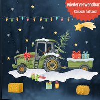 Fensterbild Weihnachten Traktor - Statisch Haftend & Wiederverwendbar Weihnachtsdeko Fenster Bauernhof Grüner Mit Geschenken von InselKids