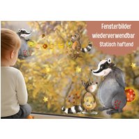 Herbst Fensterbilder Waldtiere - Fensterbild Dachs & Waschbär Herbstdeko Fenster Wiederverwendbar A3 A4 A2 Fensterdeko von InselKids