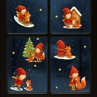 Weihnachtsdeko Fenster - Fensterbild Wichtel Mit Fuchs & Tannenbaum Advent Fenstersticker Sterne Winter Fensterdeko Wiederverwendbar von InselKids