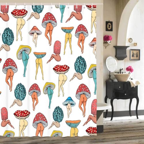 Inshere Funny Mushroom Duschvorhang für Badezimmer mit 12 Haken, Cute Pilze Retro 70S 80S Hippie Cool Groovy Duschvorhänge Set für Badezimmer Dekor 180x180 cm Wasserdichtes Gewebe von Inshere