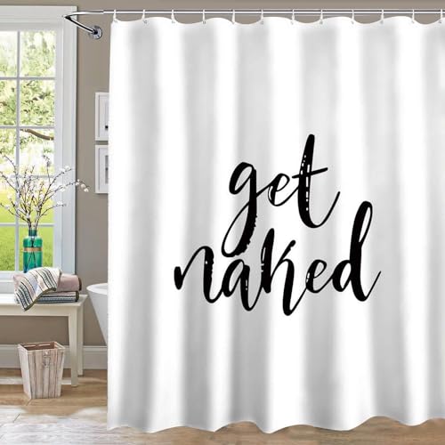 Inshere Get Naked Motive Duschvorhang für Badezimmer mit 12 Haken, Reines Weiß Einfacher Druck Duschvorhänge Set für Badezimmer Dekor 180x180cm Wasserdichtes Gewebe von Inshere