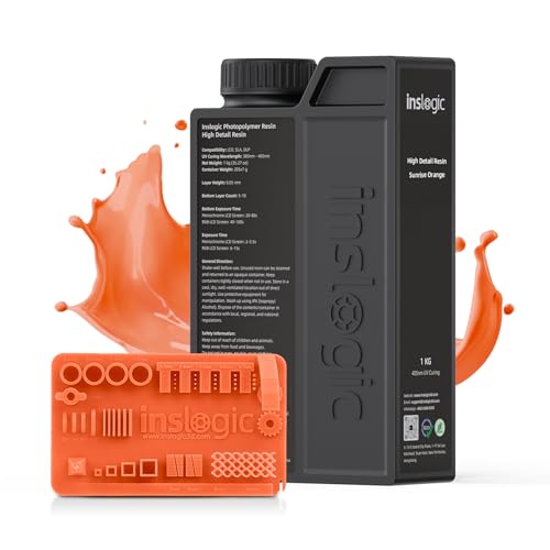 Inslogic High Detail 3D Druckharz Mattierte Oberfläche mit Feindetails, geringe Schrumpfung & rissfrei, 405 nm UV-Aushärtung, 1kg Sonnenaufgangsorange von Inslogic
