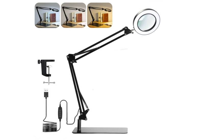 Insma Lupenlampe 10W Tischleuchte Lupe mit Licht 10-fache Vergrößerung,Basis und Klemme, 3 Farben dimmbar, 3000K-6000K Schreibtischlampe USB von Insma