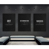 Motivierende Leinwand Kunst - 3 Stück Wand Für Büro Dekor Definition Druck Grit Art Gym Zeichen von InspirCanvasArt