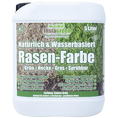 InstaGreen Premium Hecken- & Rasenfarbe 5 Liter - gebrauchsfertige Grasfarbe für Rasen und Hecken - Rasenlack gegen gelben Rasen - natürlich wasserbasiert sprühbar biologisch abbaubar von InstaGreen