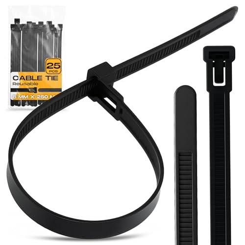 25x Instalguru Wiederverwendbar Kabelbinder 8x250 mm Wiederlösbar Wiederverschließbar Lösbar Beständig Starkes Nylon Schwarz Zugfestigkeit Kabelmanagement Gartenarbeit Werkstätten von Instalguru