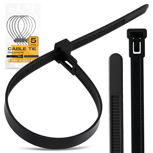5x Instalguru Wiederverwendbar Kabelbinder 8x250 mm Wiederlösbar Wiederverschließbar Lösbar Beständig Starkes Nylon Schwarz Zugfestigkeit Kabelmanagement Gartenarbeit Werkstätten von Instalguru