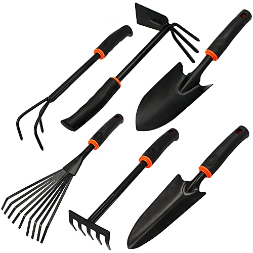 BRADAS® Gartenwerkzeug Set 6-Teiliges Gartengeräte DE LUXE Aus Stahl 6in1 Stück: 2 x Blumenkelle 6cm & 8 cm, Kleinrechen, Kombihacke (Doppelhacke), Grubber, Grasrechen (Kleinbesen) | Kleingeräte-Set von Instalguru