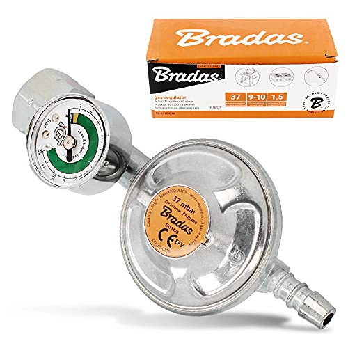 BRADAS® Gasregler Mit Sicherheitsventil & Manometer 37 mBar Camping Propan Butan | 1,5 kg/h Druckminderer Gas Regler Gasdruckregler Druckregler Gasflasche | Füllstandsanzeige Schlauchbruchsicherung von Instalguru