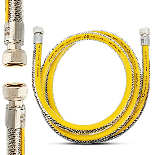 FLEX Flexibler Gasschlauch 2 m Propangasschlauch Butangasschlauch mit 1/2 x 1/2 Zoll Innengewinde DN 12 aus Edelstahl & PVC | Butan Propan Schlauch EN 14800 Gasanschlussschlauch Camping Küche von Instalguru