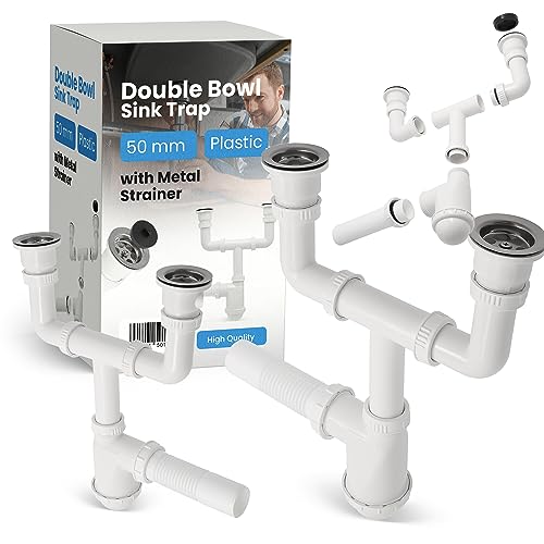 DoppelSiphon 50 mm Für Doppelwaschbecken mit Abflusssieb Metall Sieb & Stöpsel Für Spülbecken Siphon Waschbecken Ablaufgarnitur Spüle Zubehör Syphon Badezimmer Küchenspüle Abflussrohr Abfluss von Instalguru