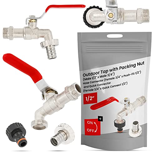 Garten Wasserhahn mit Dichtungsmutter 1/2 IG x 3/4 AG Schlauchanschluss 3/4 AG x Steckanschluss 1/2 und Schnellanschluss 3/4 IG x Schnellverbinder 1/2 | Außenwasserhahn Auslaufhahn Gartenhahn von Instalguru