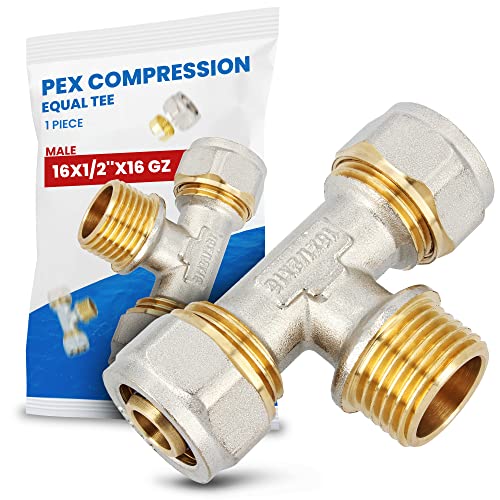 T-Stück PEX-AL-PEX Schraubfitting 16 x 1/2'' AG x 16 mm Messing Klemmverschraubung Sanitärsystem Heizungsschlauch Rohradapter T-Anschluss von Instalguru
